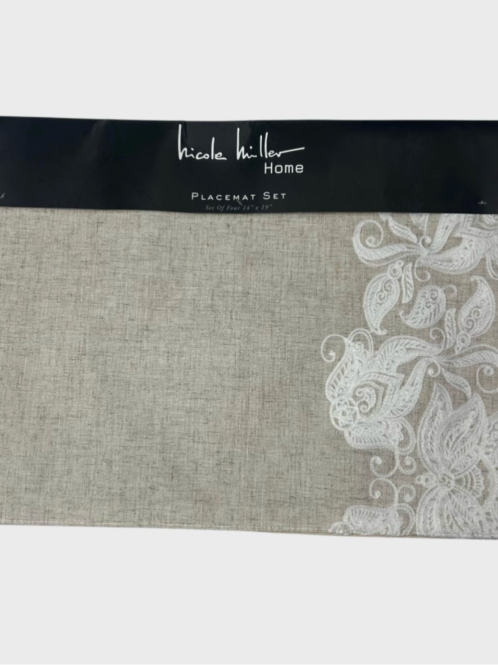 Nicole Miller Neutral Beige Placemat Set with White Lace Motif